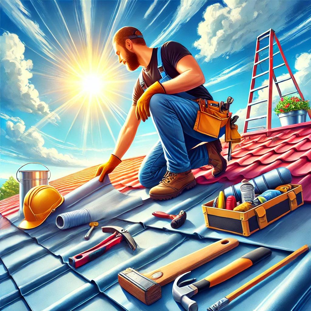 A roofing technician inspecting a roof